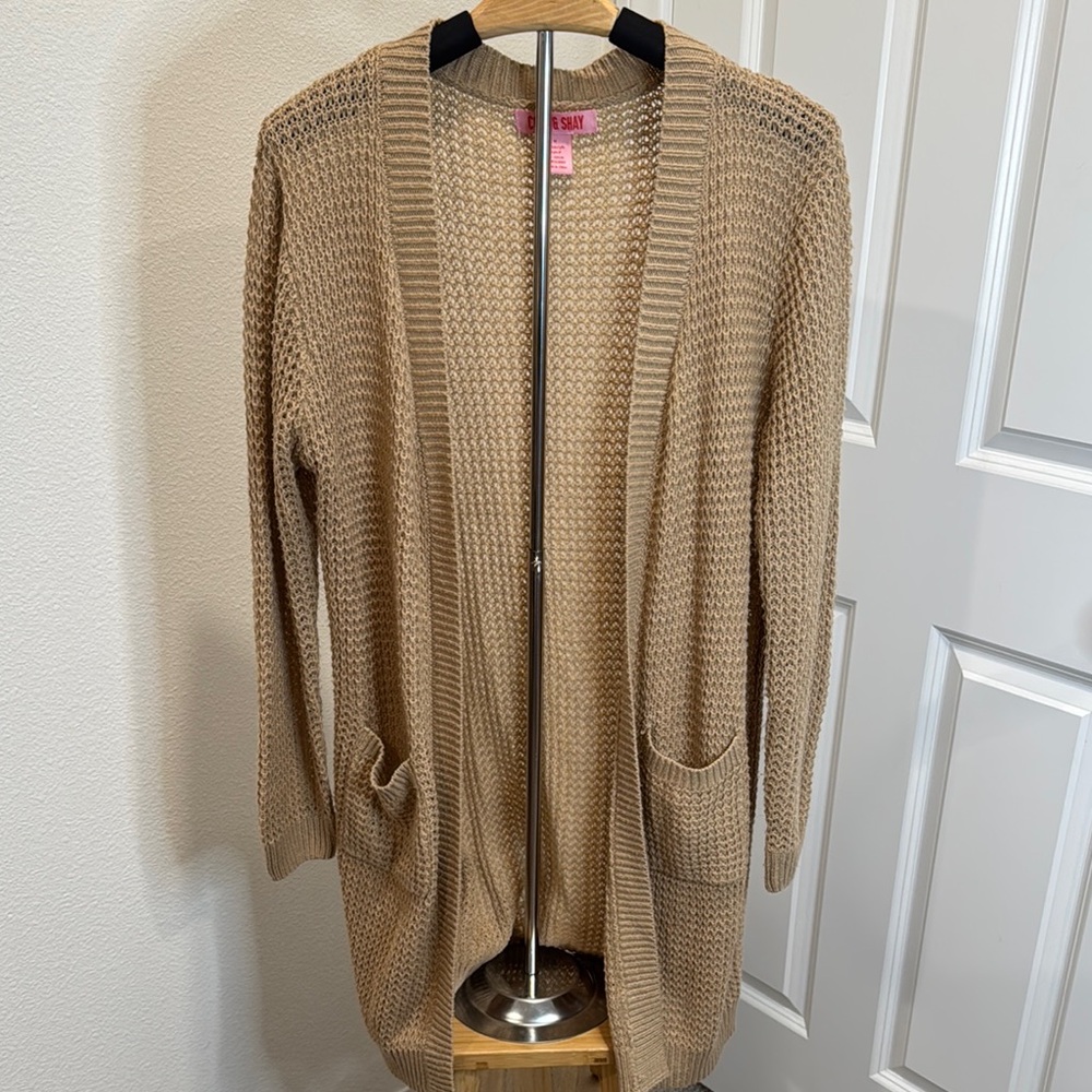 Tan Open-Front Waffle Sweater Cardigan